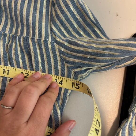 Altar'd State Striped Blue & Gold Metallic Peplum Blouse With Tassels Size S - Picture 6 of 7
